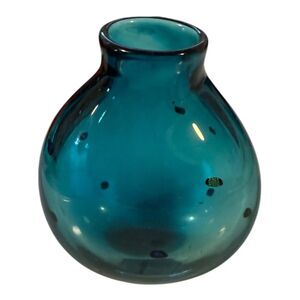 Sharon Fujimoto Art Glass Teal Blue Short Bud Vase With Iridescent Accent Signed
